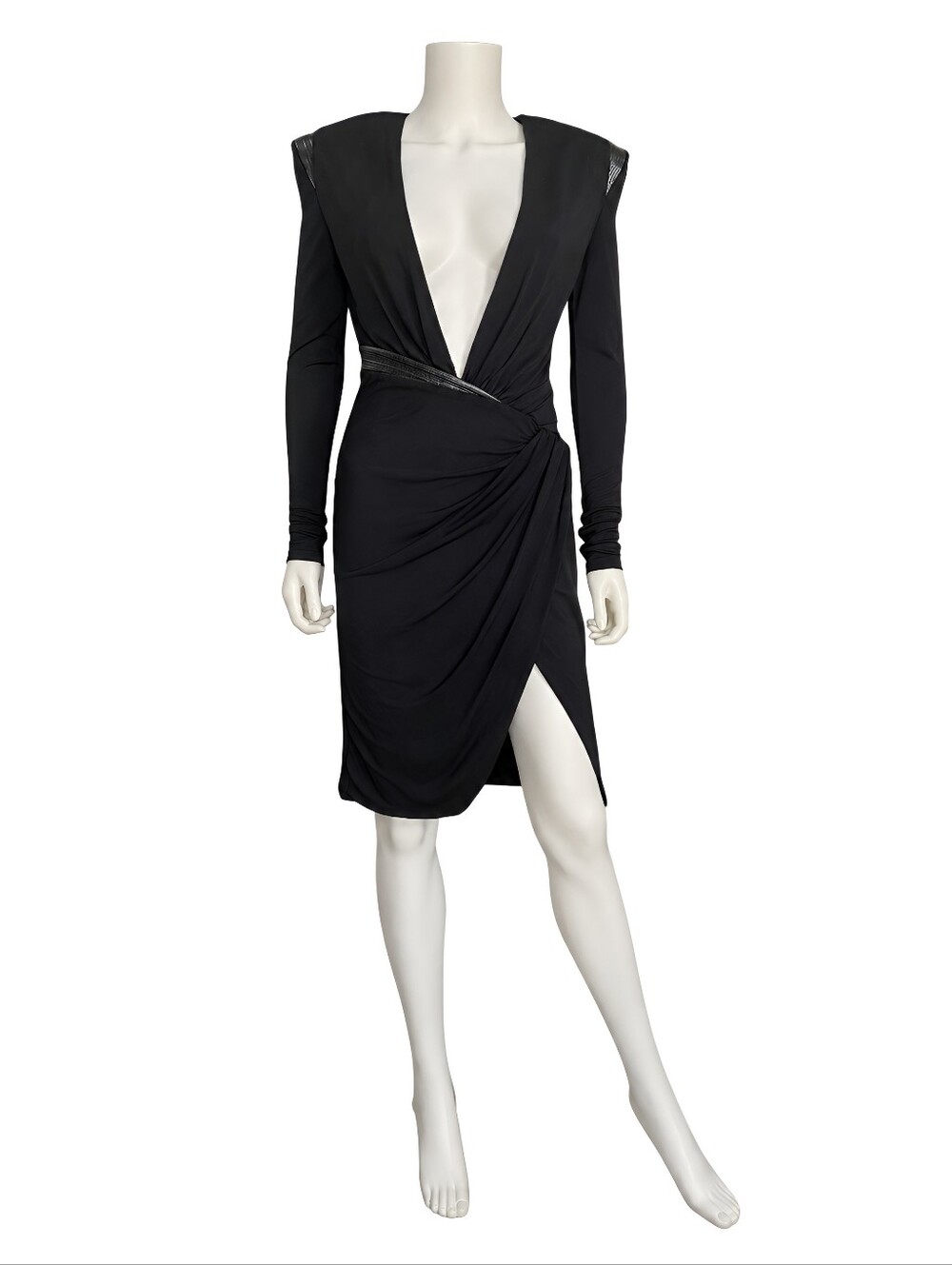 VERSACE | FW25 Runway Black Draped Leather Trim Plunge Dress IT 38 US 2 NWT